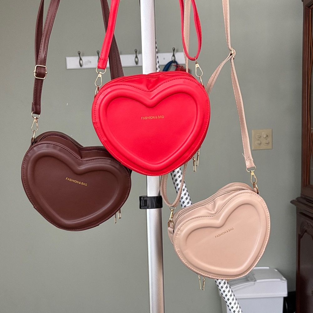 Fashion & Bag Heart-Shaped Crossbody Trio - Red, Brown, and Tan